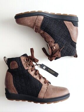 SOREL Evie II NW Lace Plus Leather Waterproof Wedge Bootie Brown Wool Sz 9